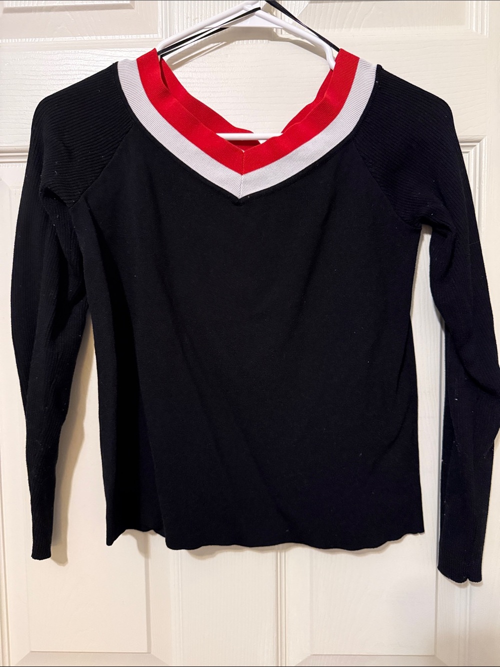 Classic Black V-Neck Long Sleeve Top with Red & White Trim